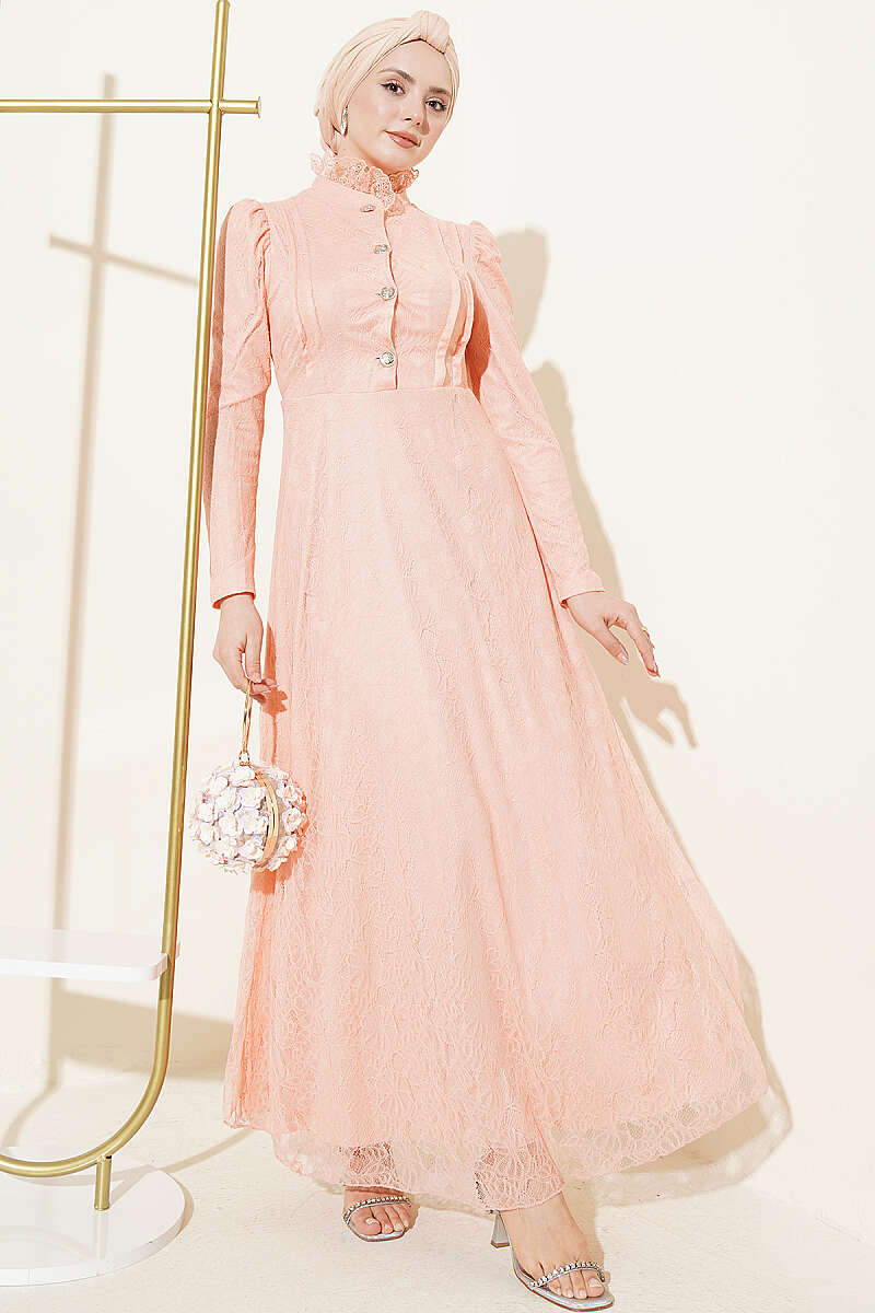 Half-Button Lace Evening Dress - Peach