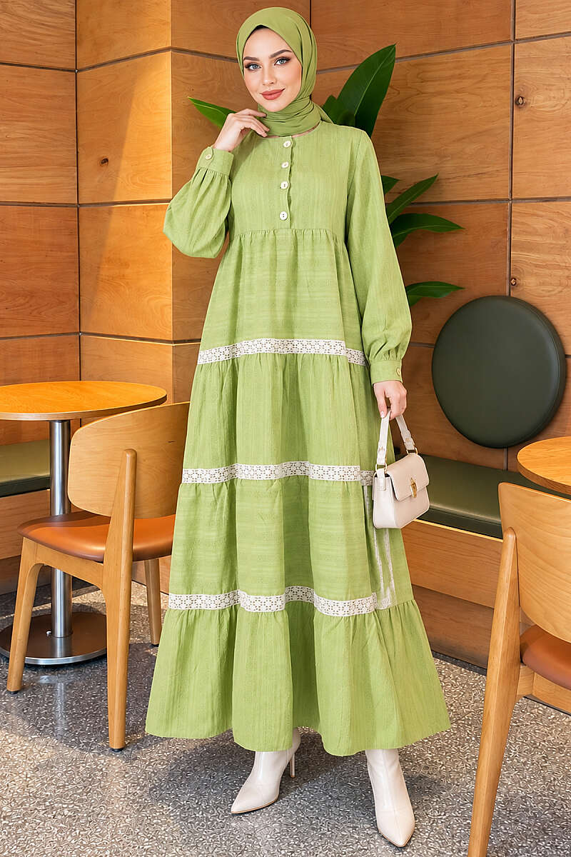Tiered Lace Dress with Half Buttons - Pistachio