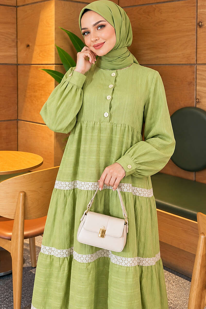 Tiered Lace Dress with Half Buttons - Pistachio