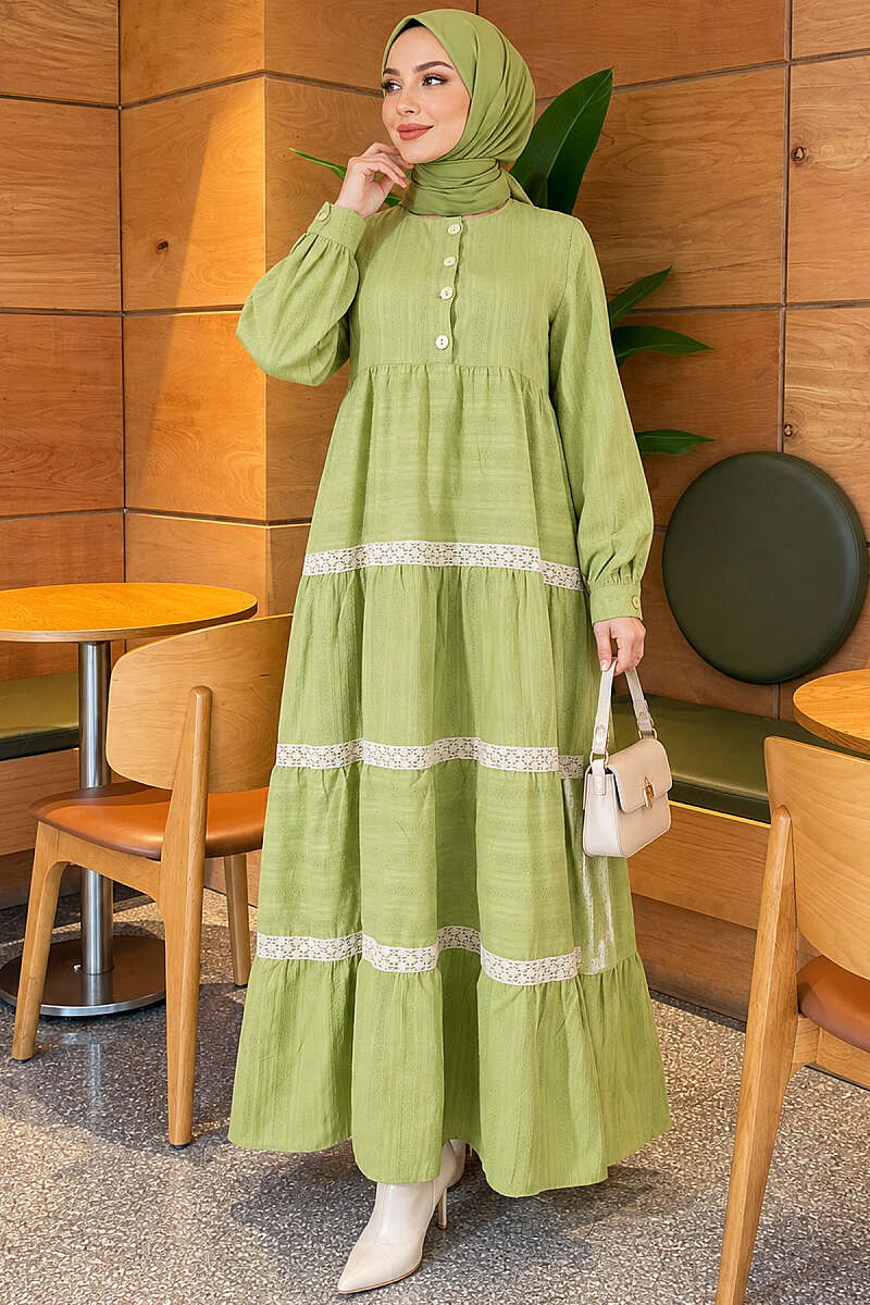 Tiered Lace Dress with Half Buttons - Pistachio