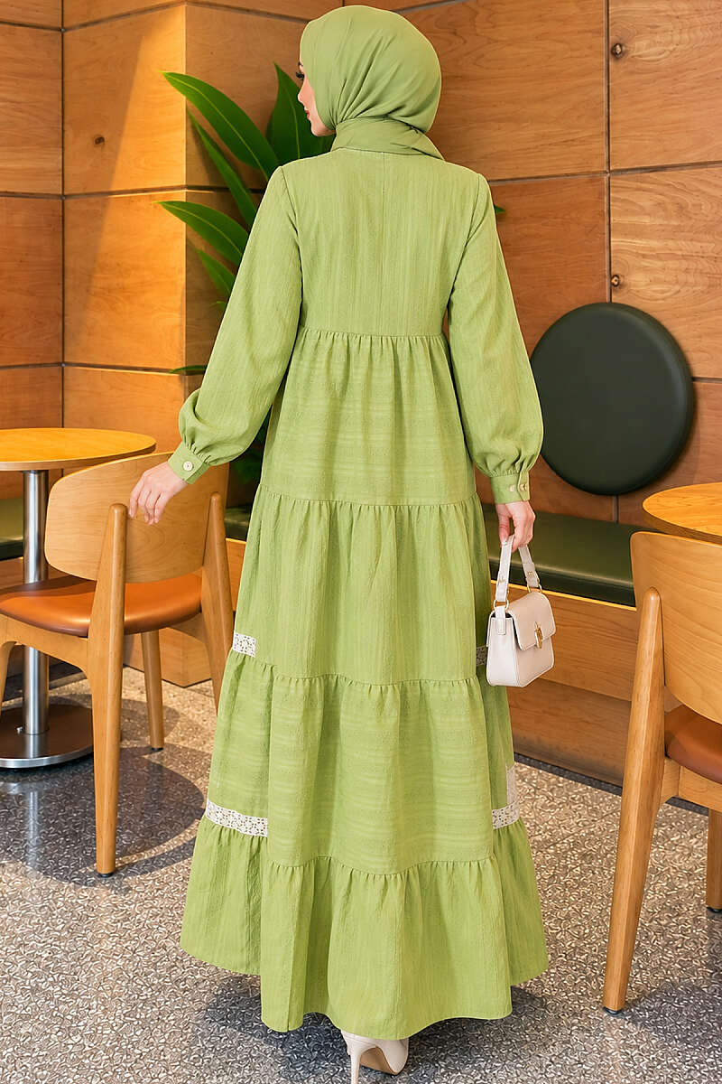 Tiered Lace Dress with Half Buttons - Pistachio