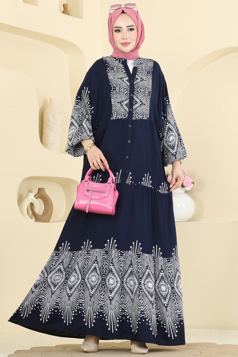 Printed Half-Button Viscose Dress - Navy