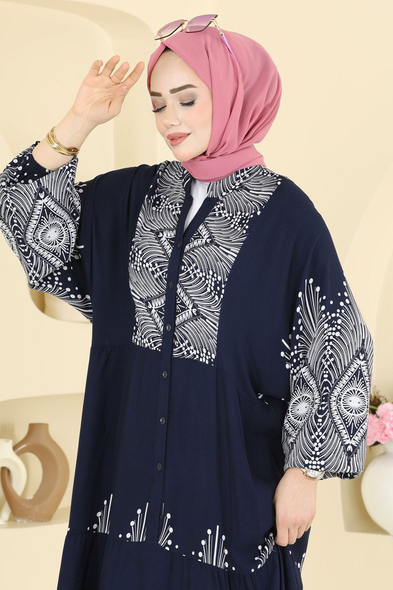 Printed Half-Button Viscose Dress - Navy