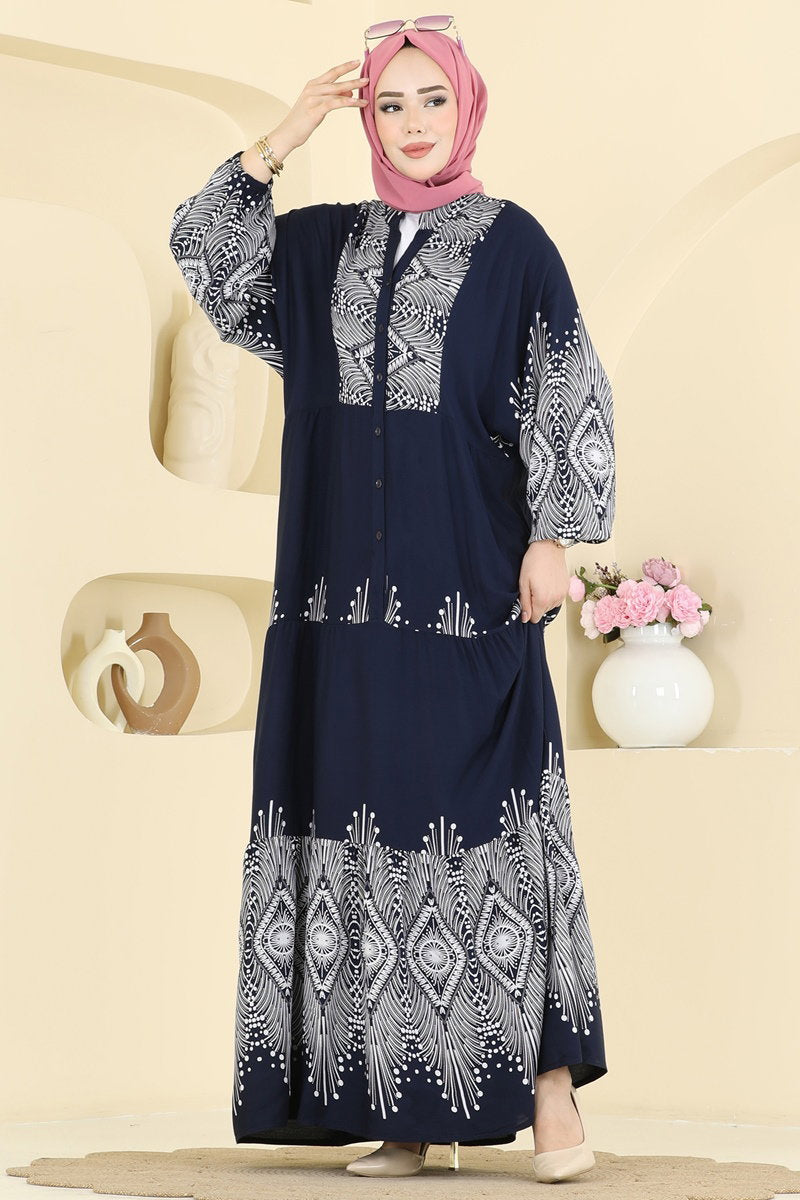 Printed Half-Button Viscose Dress - Navy