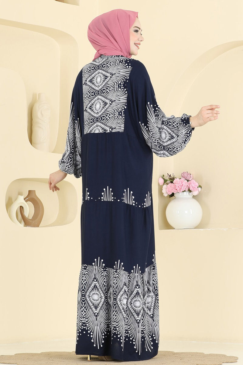 Printed Half-Button Viscose Dress - Navy