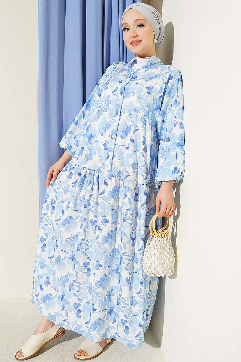 Half-Button Marbled Print Dress - Blue