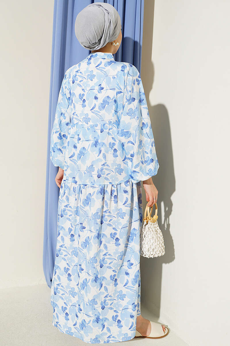 Half-Button Marbled Print Dress - Blue