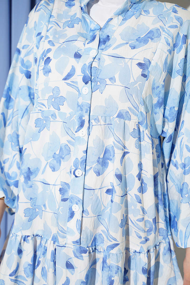 Half-Button Marbled Print Dress - Blue