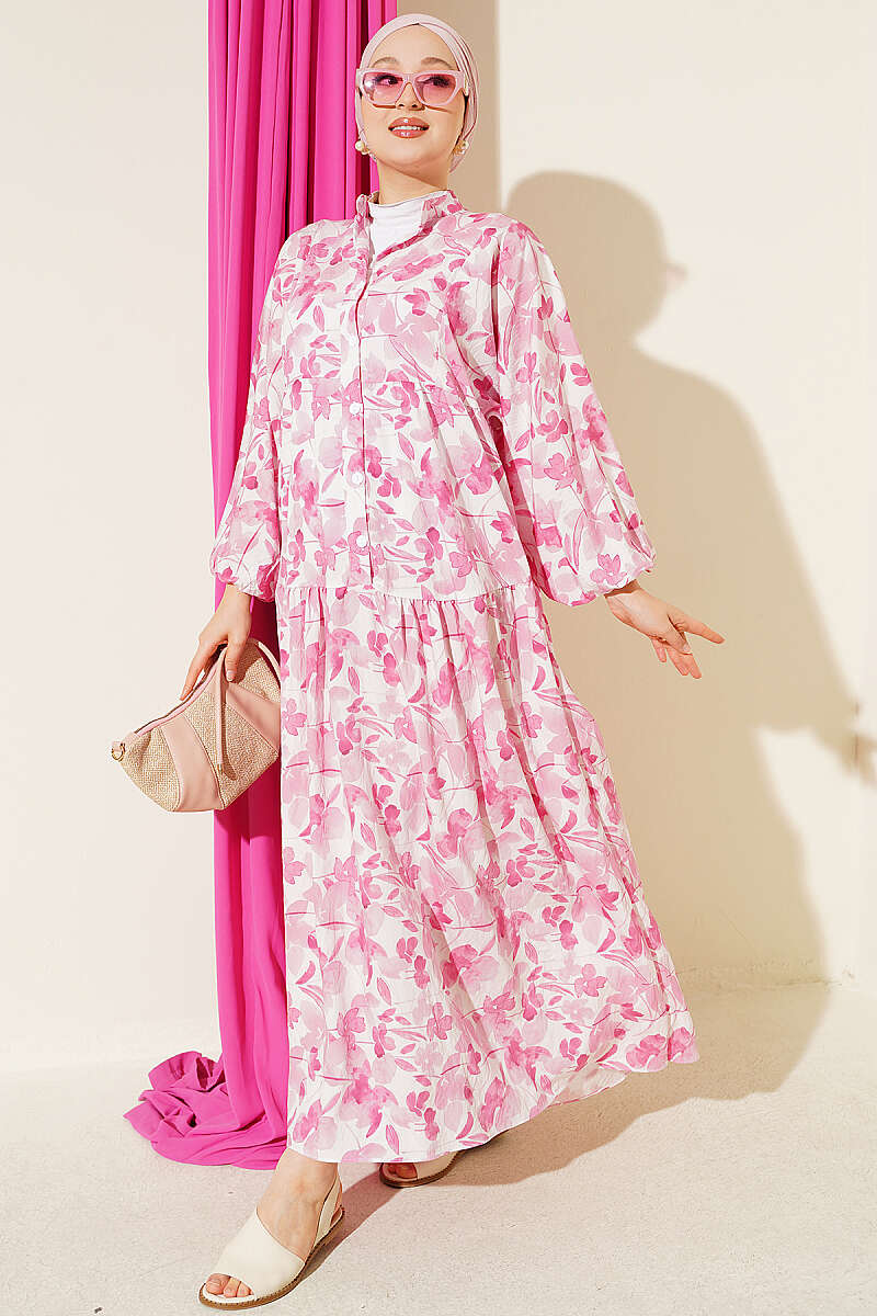 Half-Button Marbled Print Dress - Pink