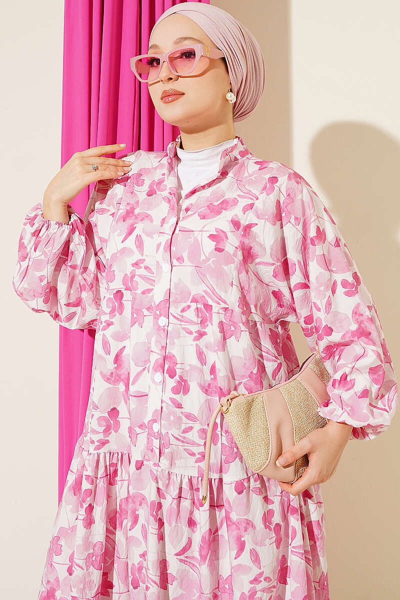 Half-Button Marbled Print Dress - Pink