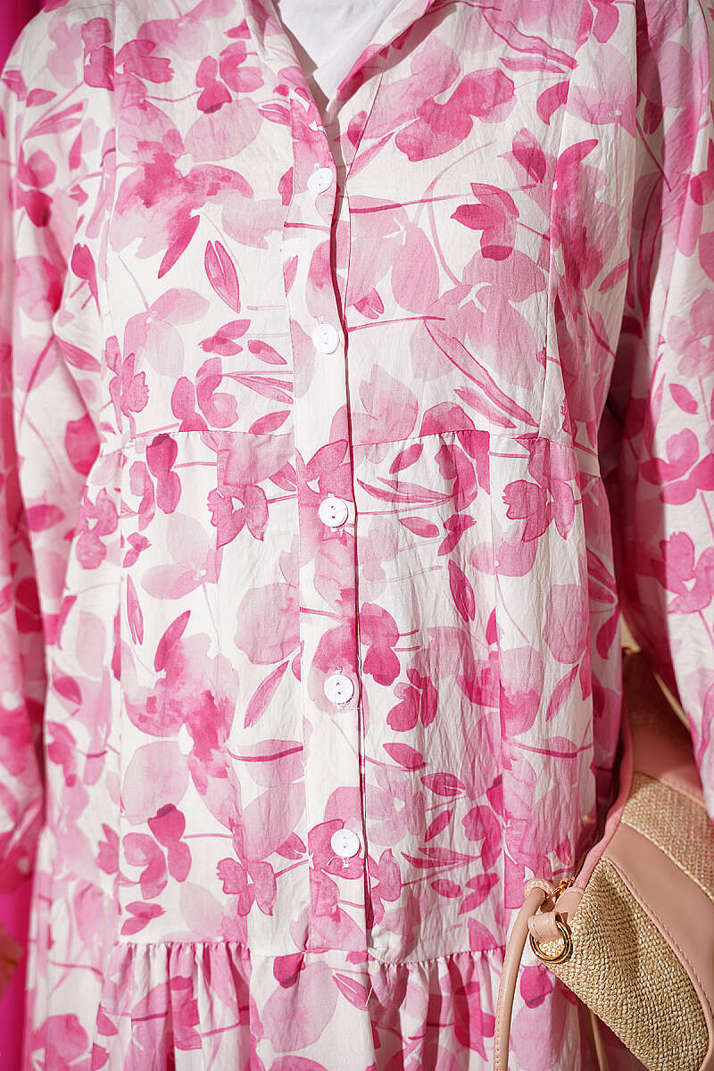 Half-Button Marbled Print Dress - Pink