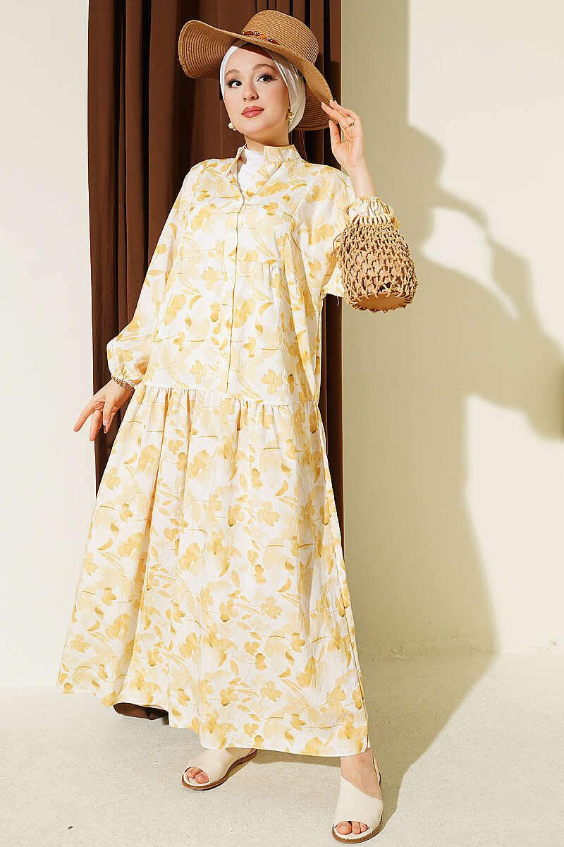 Half-Button Marbled Print Dress - Yellow