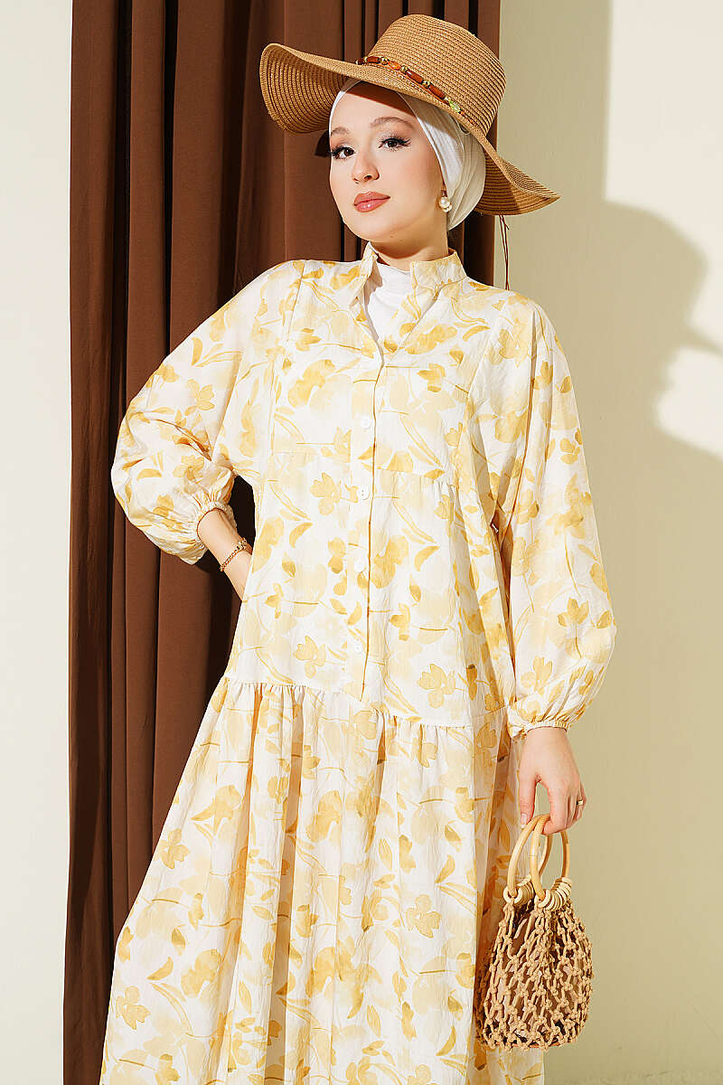Half-Button Marbled Print Dress - Yellow
