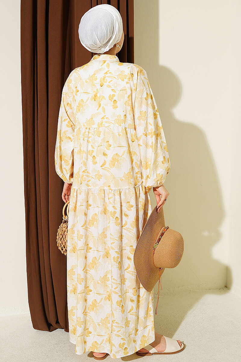 Half-Button Marbled Print Dress - Yellow