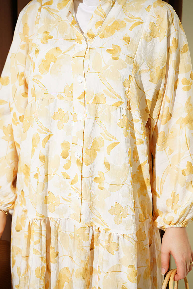 Half-Button Marbled Print Dress - Yellow