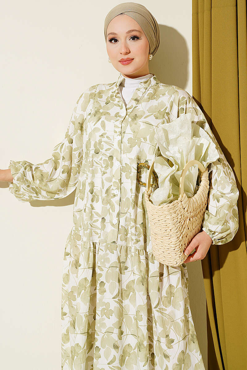 Half-Button Marbled Print Dress - Green