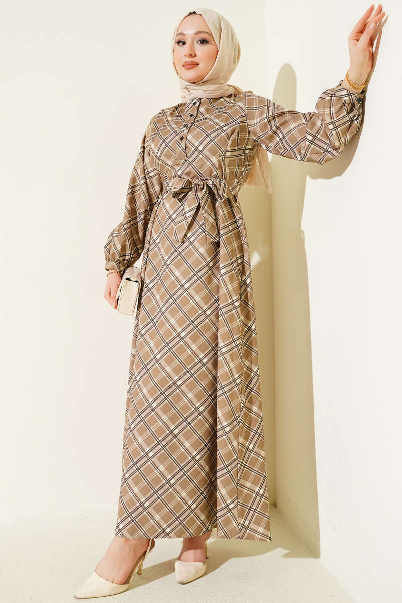 Half-Button Plaid Flared Dress - Latte