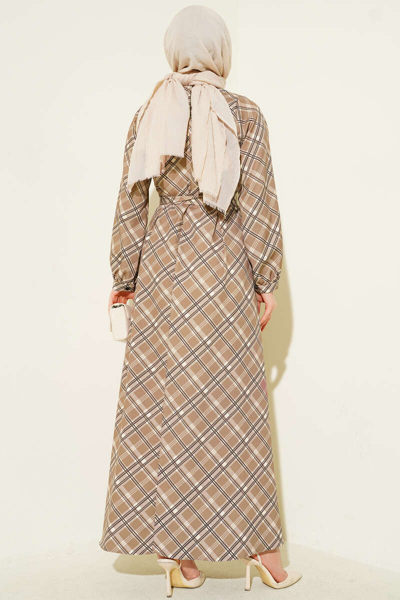 Half-Button Plaid Flared Dress - Latte