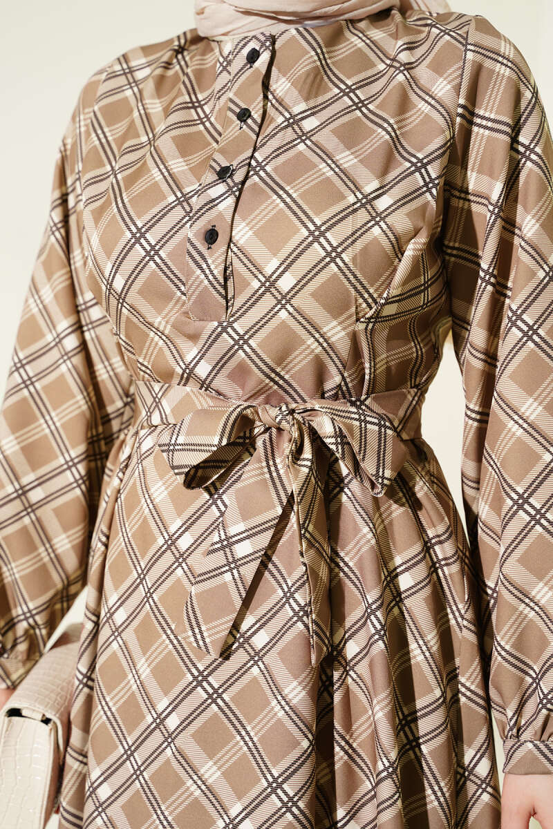 Half-Button Plaid Flared Dress - Latte