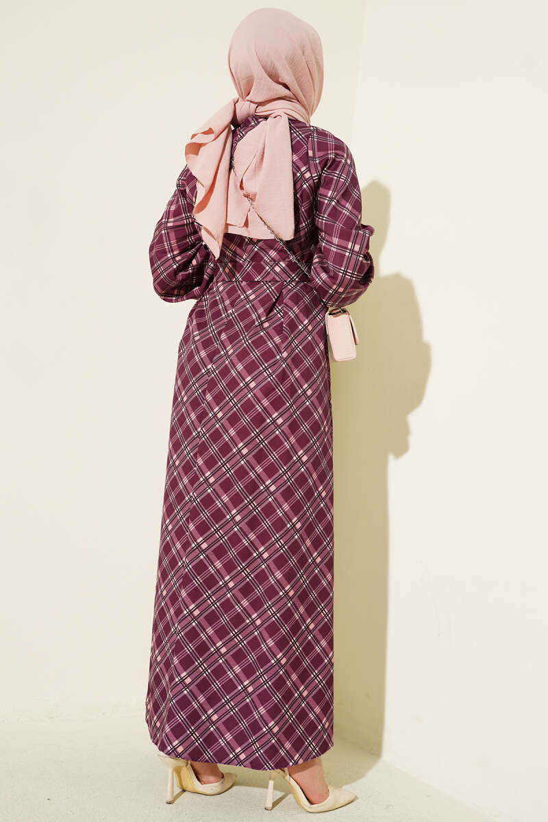 Half-Button Plaid Flared Dress - Plum