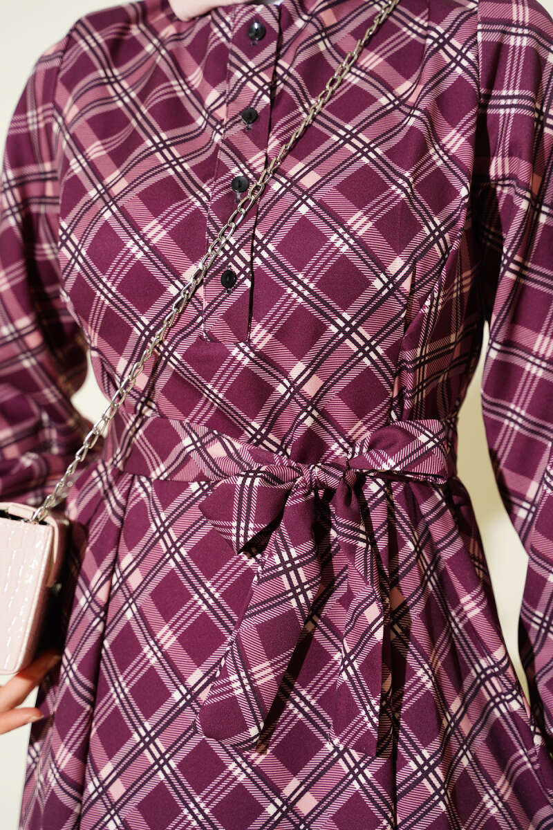 Half-Button Plaid Flared Dress - Plum