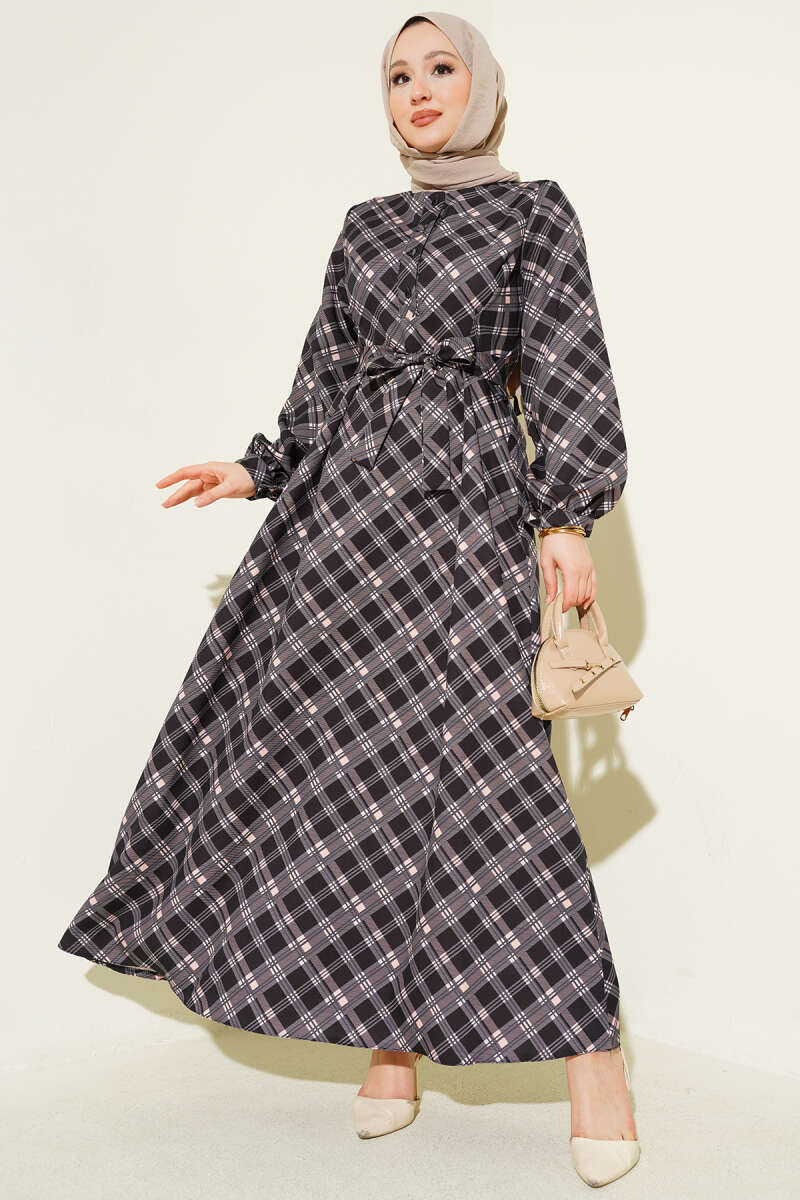 Half-Button Plaid Flared Dress - Black