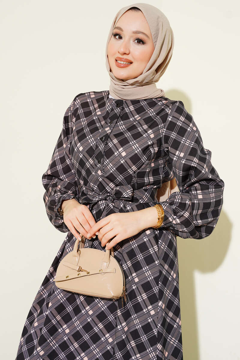 Half-Button Plaid Flared Dress - Black