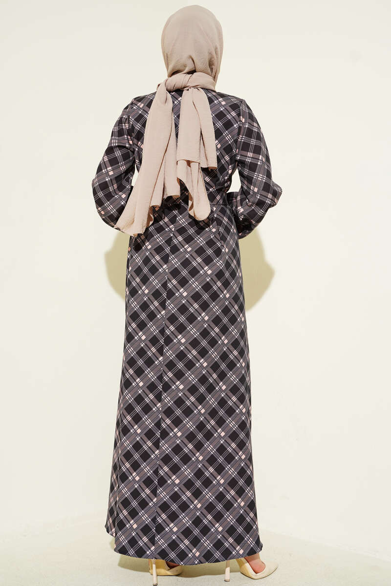 Half-Button Plaid Flared Dress - Black