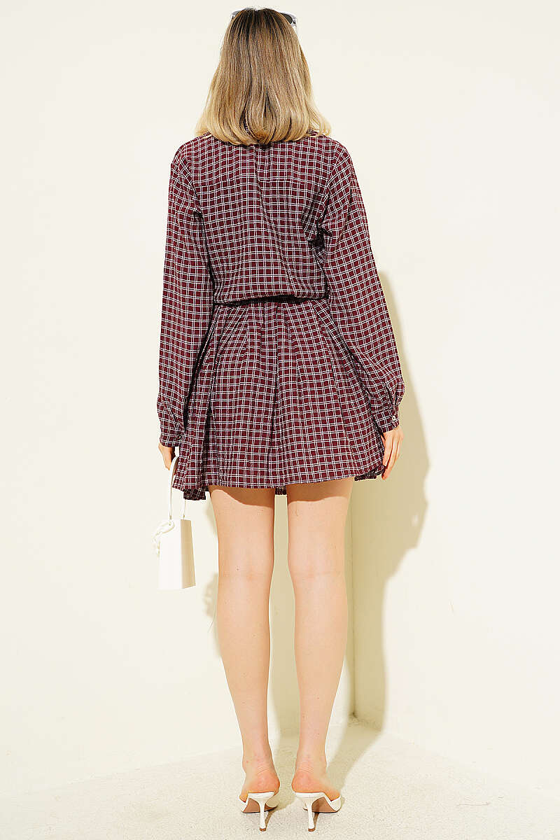 Half-Button Pleated Plaid Mini Dress - Burgundy