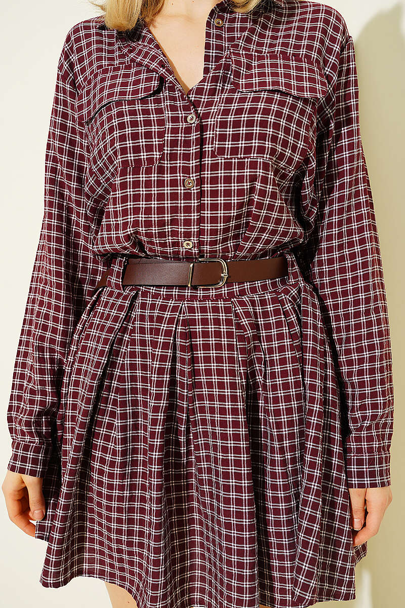 Half-Button Pleated Plaid Mini Dress - Burgundy