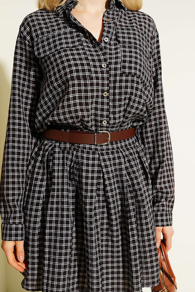 Half-Button Pleated Plaid Mini Dress - Brown