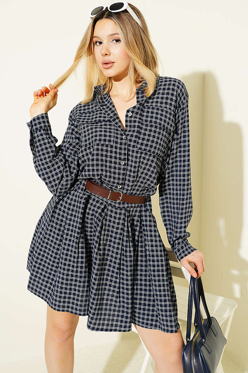 Half-Button Pleated Plaid Mini Dress - Navy