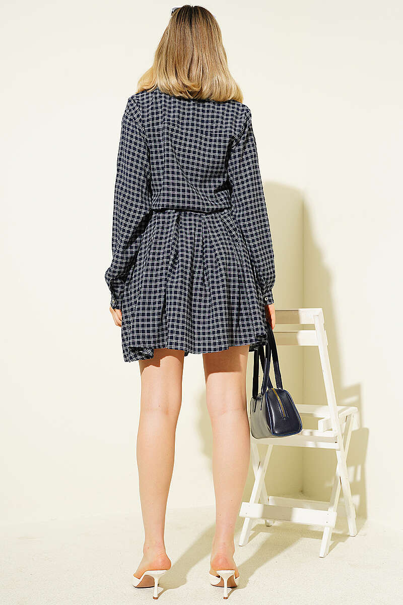 Half-Button Pleated Plaid Mini Dress - Navy