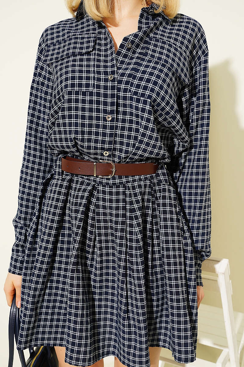 Half-Button Pleated Plaid Mini Dress - Navy