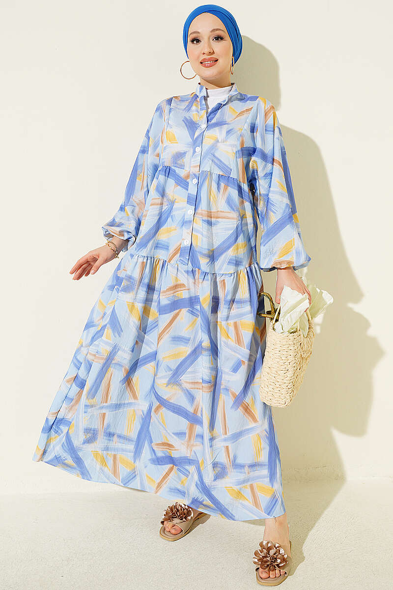 Half-Button Brushstroke Print Dress - Blue
