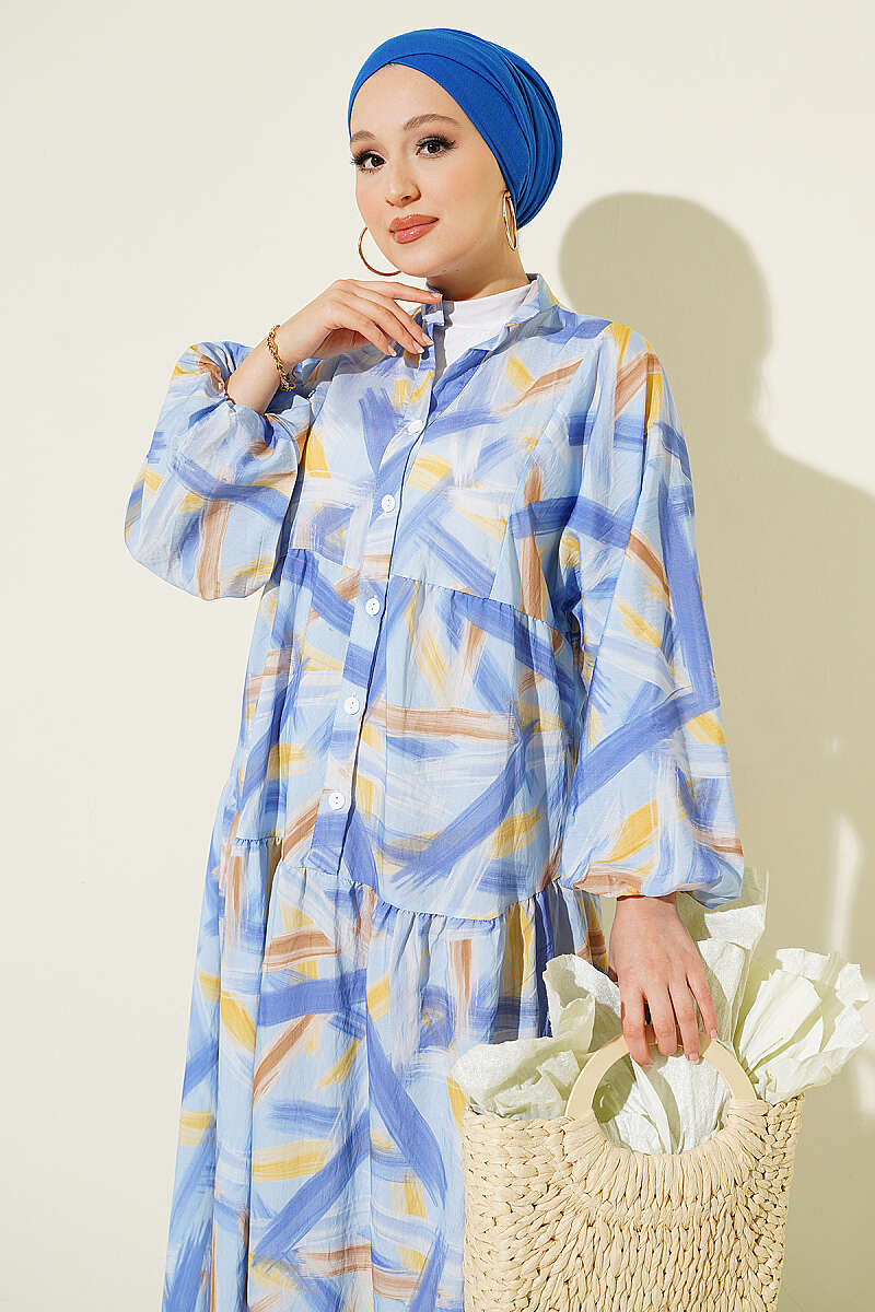 Half-Button Brushstroke Print Dress - Blue