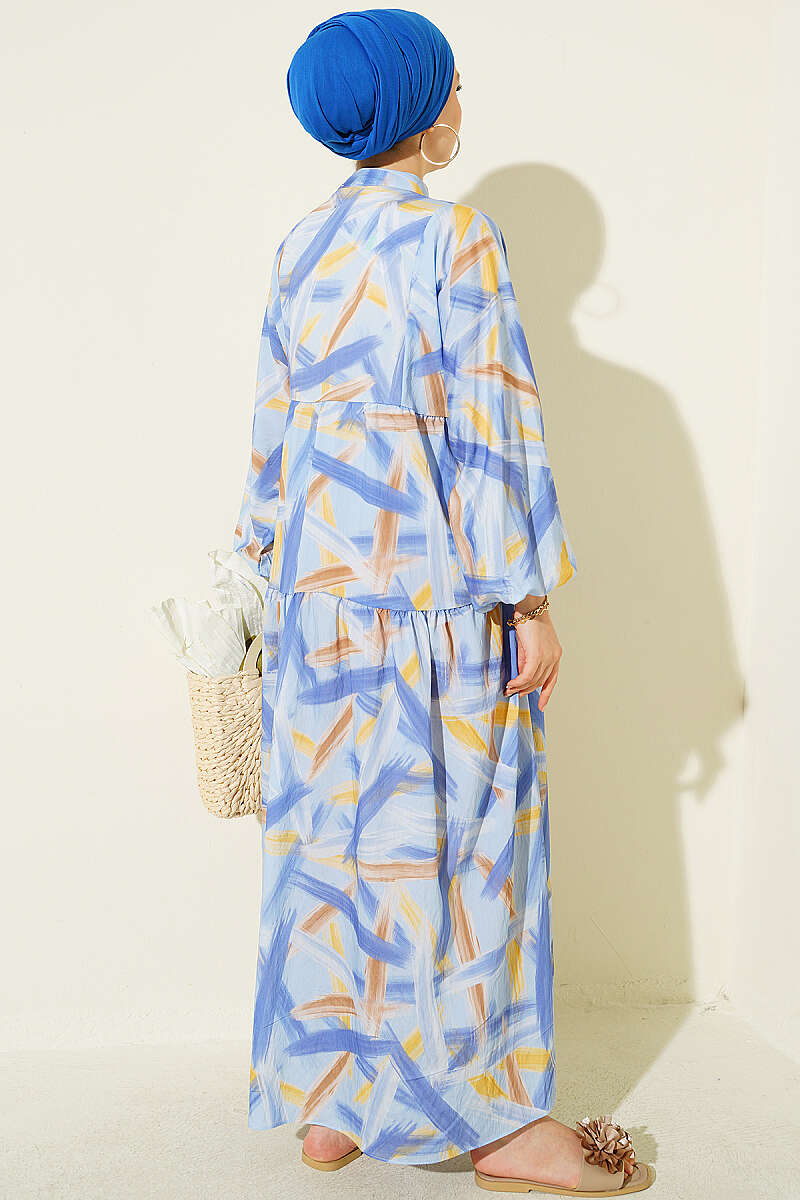 Half-Button Brushstroke Print Dress - Blue