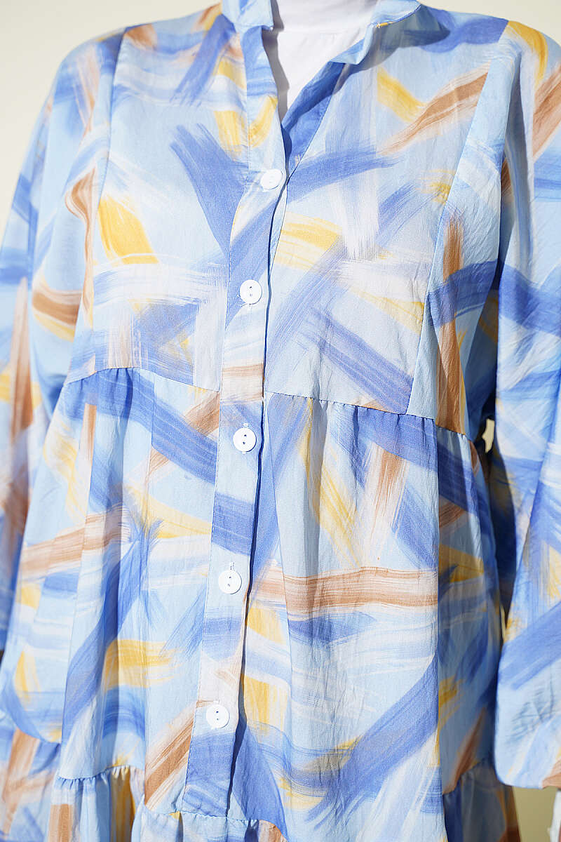 Half-Button Brushstroke Print Dress - Blue
