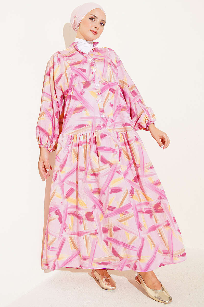 Half-Button Brushstroke Print Dress - Pink