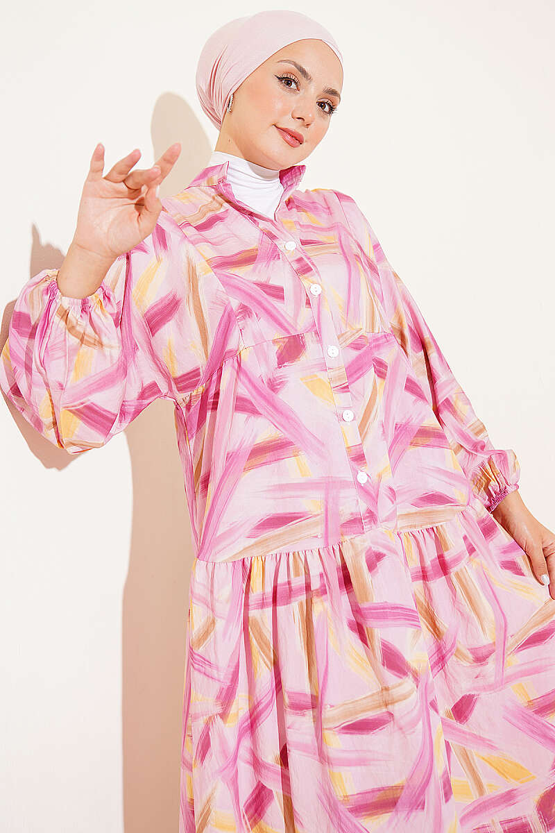 Half-Button Brushstroke Print Dress - Pink