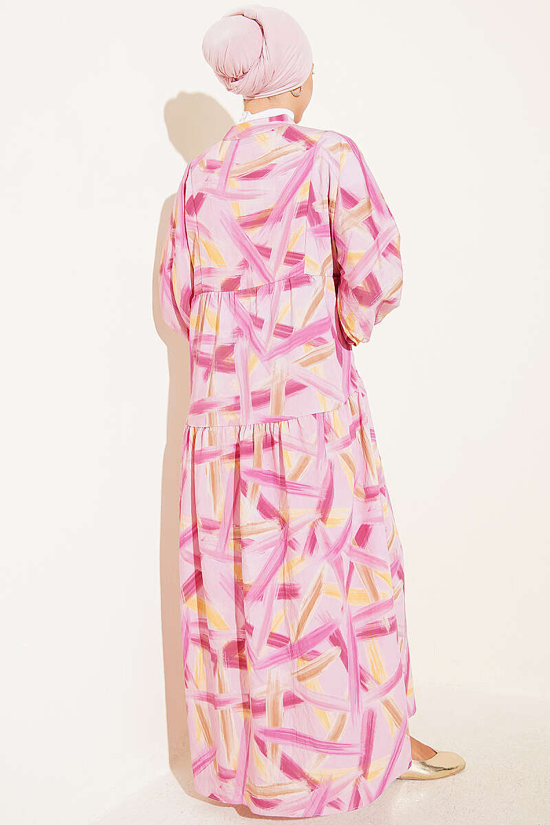 Half-Button Brushstroke Print Dress - Pink
