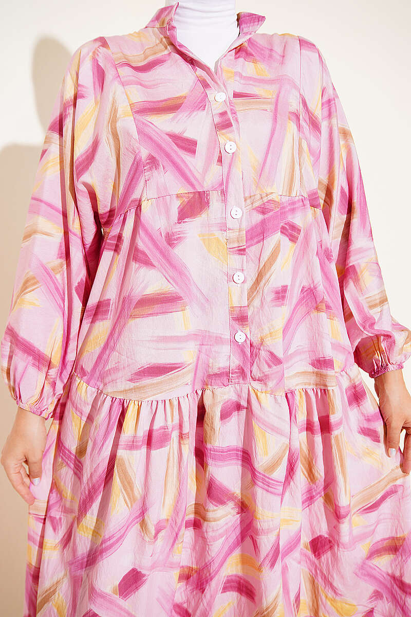 Half-Button Brushstroke Print Dress - Pink