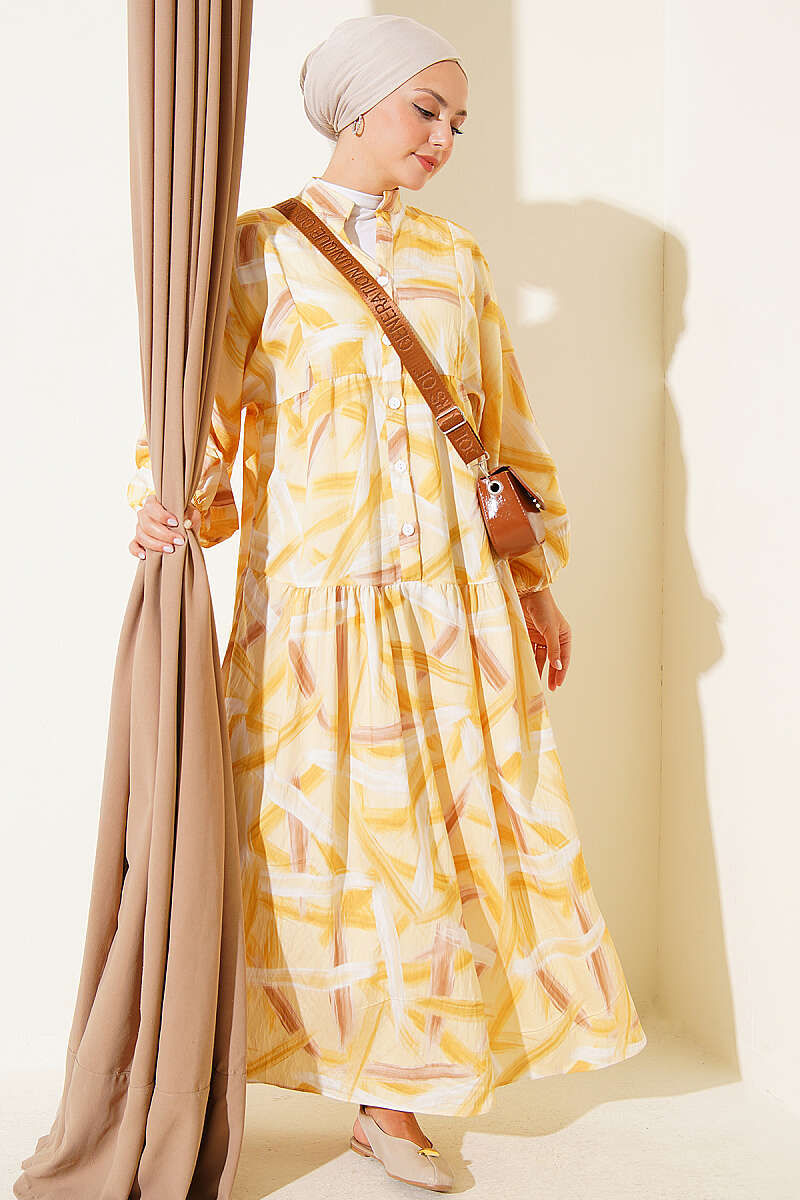 Half-Button Brushstroke Print Dress - Yellow