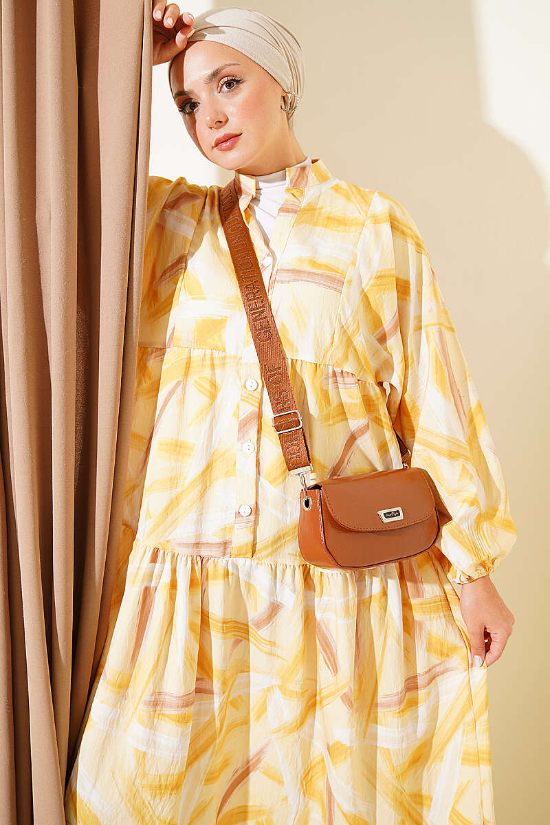 Half-Button Brushstroke Print Dress - Yellow