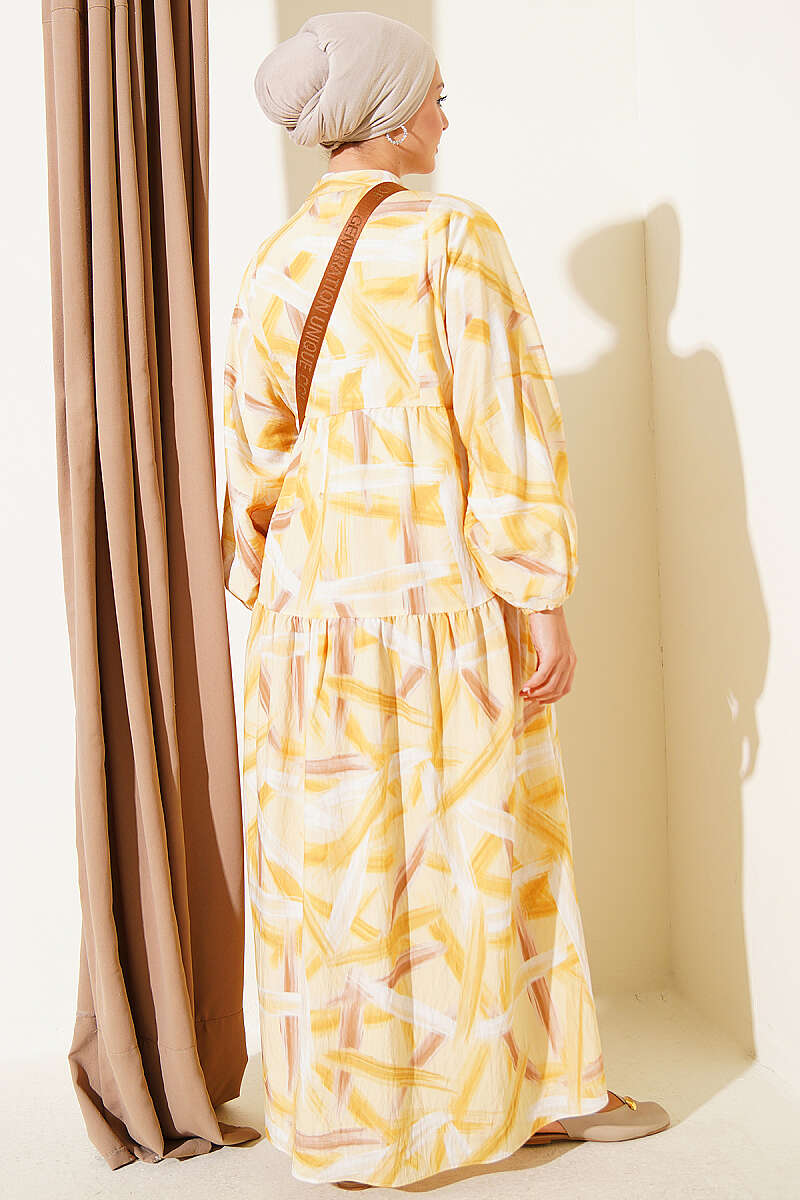 Half-Button Brushstroke Print Dress - Yellow