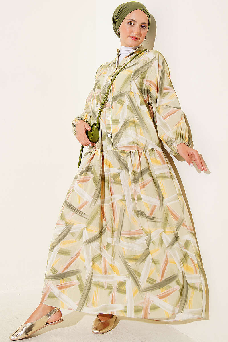 Half-Button Brushstroke Print Dress - Green