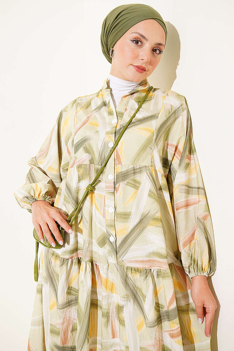 Half-Button Brushstroke Print Dress - Green