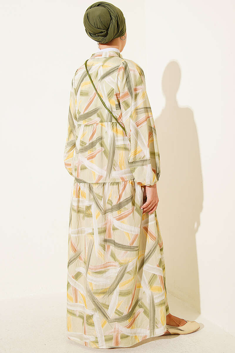 Half-Button Brushstroke Print Dress - Green