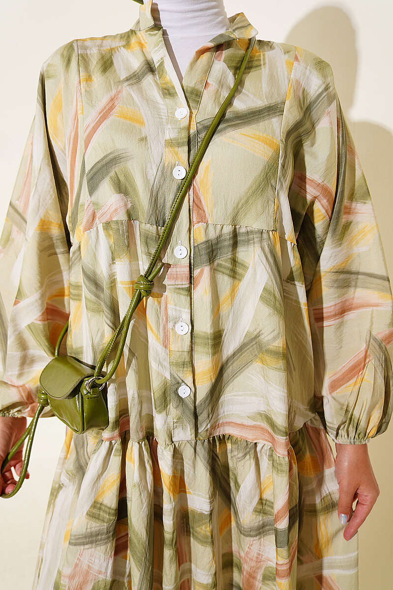 Half-Button Brushstroke Print Dress - Green