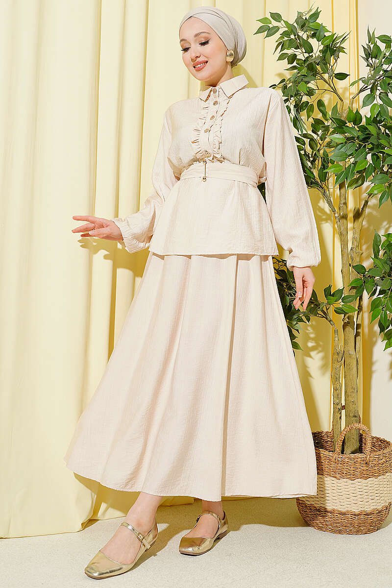 Half-Button Ruffle Skirt Set - Beige